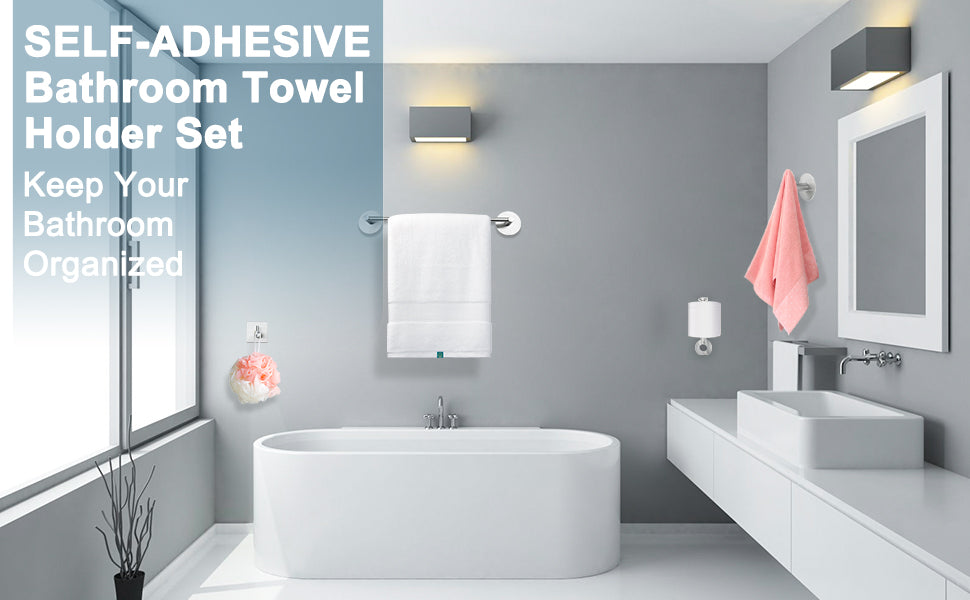Self Adhesive Towel Bar, JiGiU Bathroom Hardware Set Include 16-Inch Bath  Towel Bar,Toilet Paper Holder Towel Ring & 3 Packs Towel Hooks Stainless