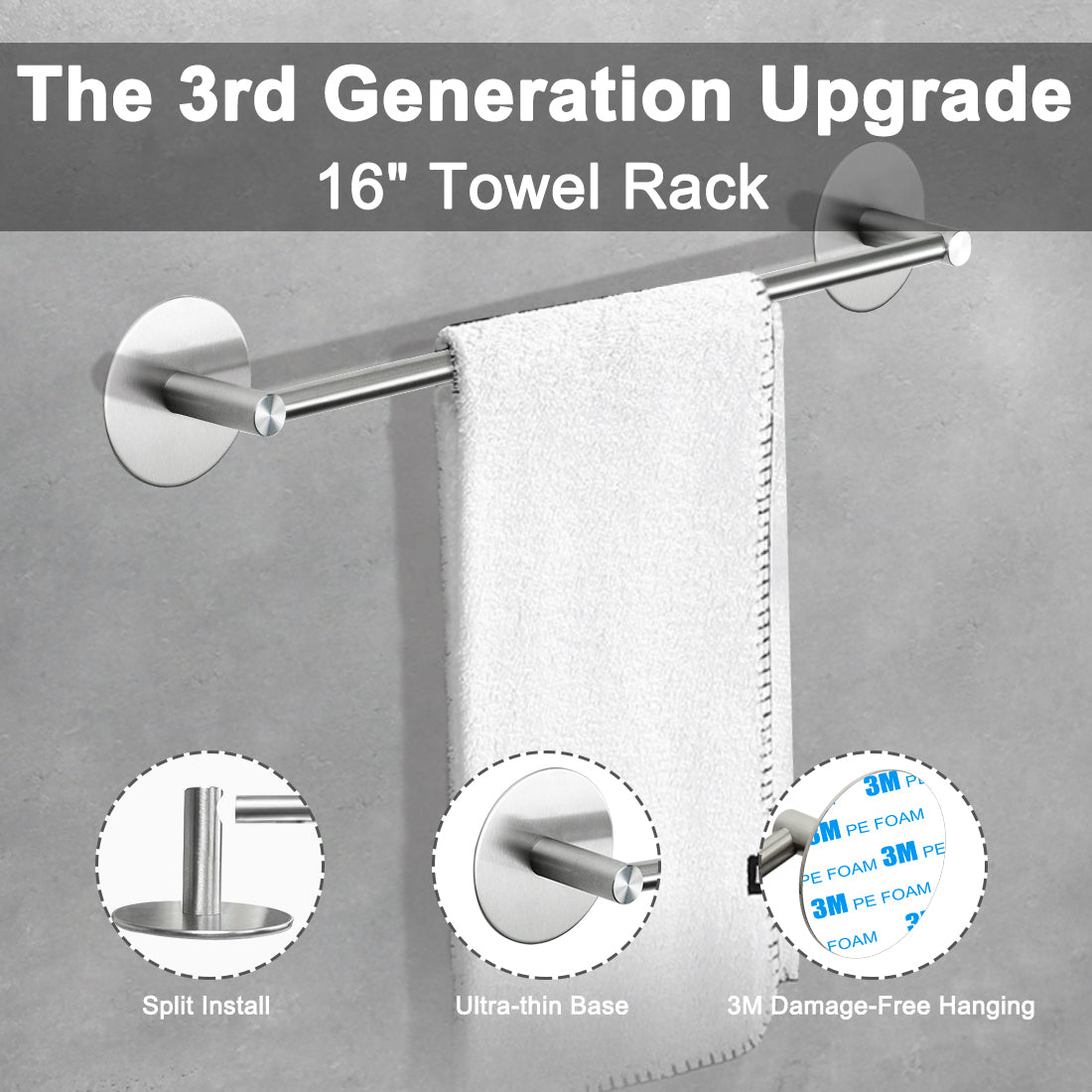 Self Adhesive Towel Bar, JiGiU Bathroom Hardware Set Include 16-Inch Bath  Towel Bar,Toilet Paper Holder & 3 Packs Towel Hooks SUS304 Stainless Steel